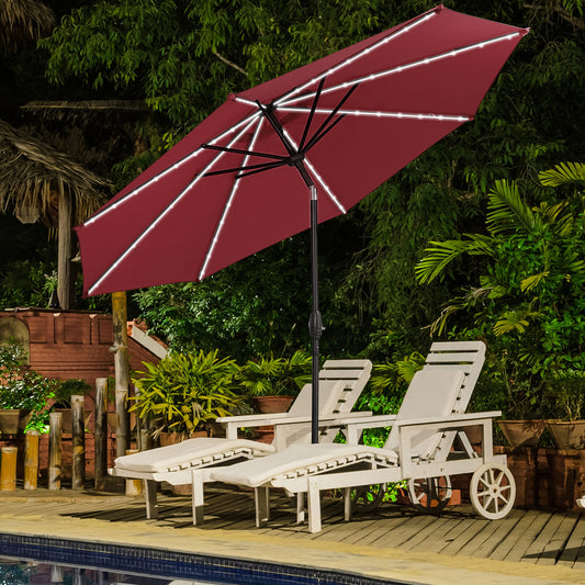 Autlaycil 10ft Patio Umbrellas with 8 Strip Lights Outdoor Market Umbrella with Tilt Crank, Solar Umnrella, Red
