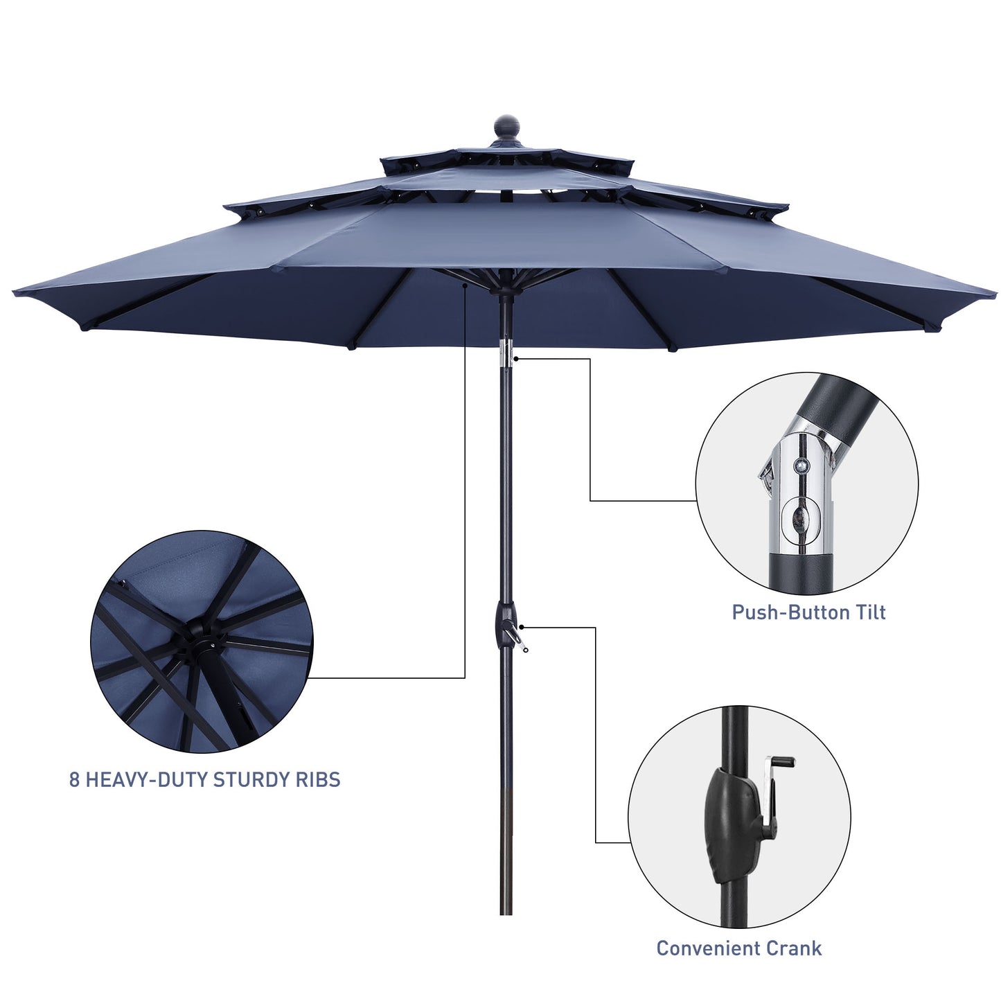 Autlaycil 10ft Navy Blue Patio Umbrella with Push Button Tilt and Crank, 8 Sturdy Ribs UV Protection Waterproof for Garden, Deck, Table, Pool