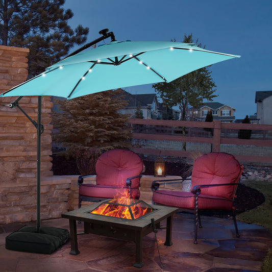 GDY 10 ft Cantilever Offset Outdoor Patio Umbrella with 24 LED Ligths, with Cross Base and Stand bags, Easy Tilt Adjustment, Blue