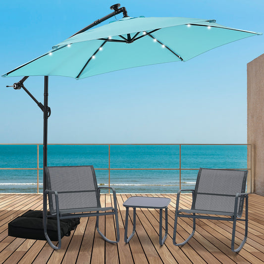 Autlaycil 5 Pcs Patio Outdoor Furniture Sets Contains 2 Textilene Fabric Rocking Bistro Chairs, Table, 10 ft Solar Cantilever Umbrella and Cross Base with Sandbag, Blue