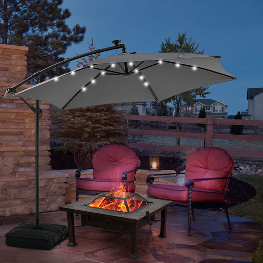 GDY 10 ft Cantilever Offset Outdoor Patio Umbrella with 24 LED Ligths, with Cross Base and Stand bags, Easy Tilt Adjustment, Grey