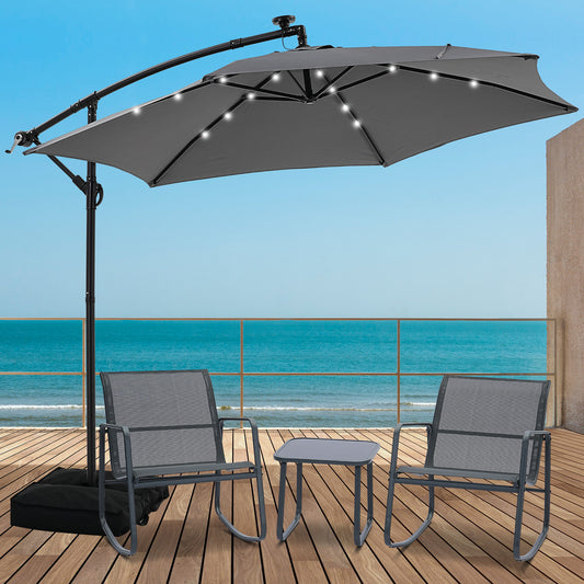 Autlaycil 5 Pcs Patio Outdoor Furniture Sets Contains 2 Textilene Fabric Rocking Bistro Chairs, Table, 10 ft Solar Cantilever Umbrella and Cross Base with Sandbag, Grey