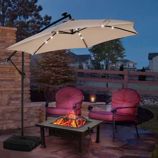 GDY 10 ft Cantilever Offset Outdoor Patio Umbrella with 24 LED Ligths, with Cross Base and Stand bags, Easy Tilt Adjustment, Khaki