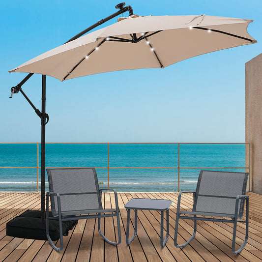 Autlaycil 5 Pcs Patio Outdoor Furniture Sets Contains 2 Textilene Fabric Rocking Bistro Chairs, Table, 10 ft Solar Cantilever Umbrella and Cross Base with Sandbag, Khaki