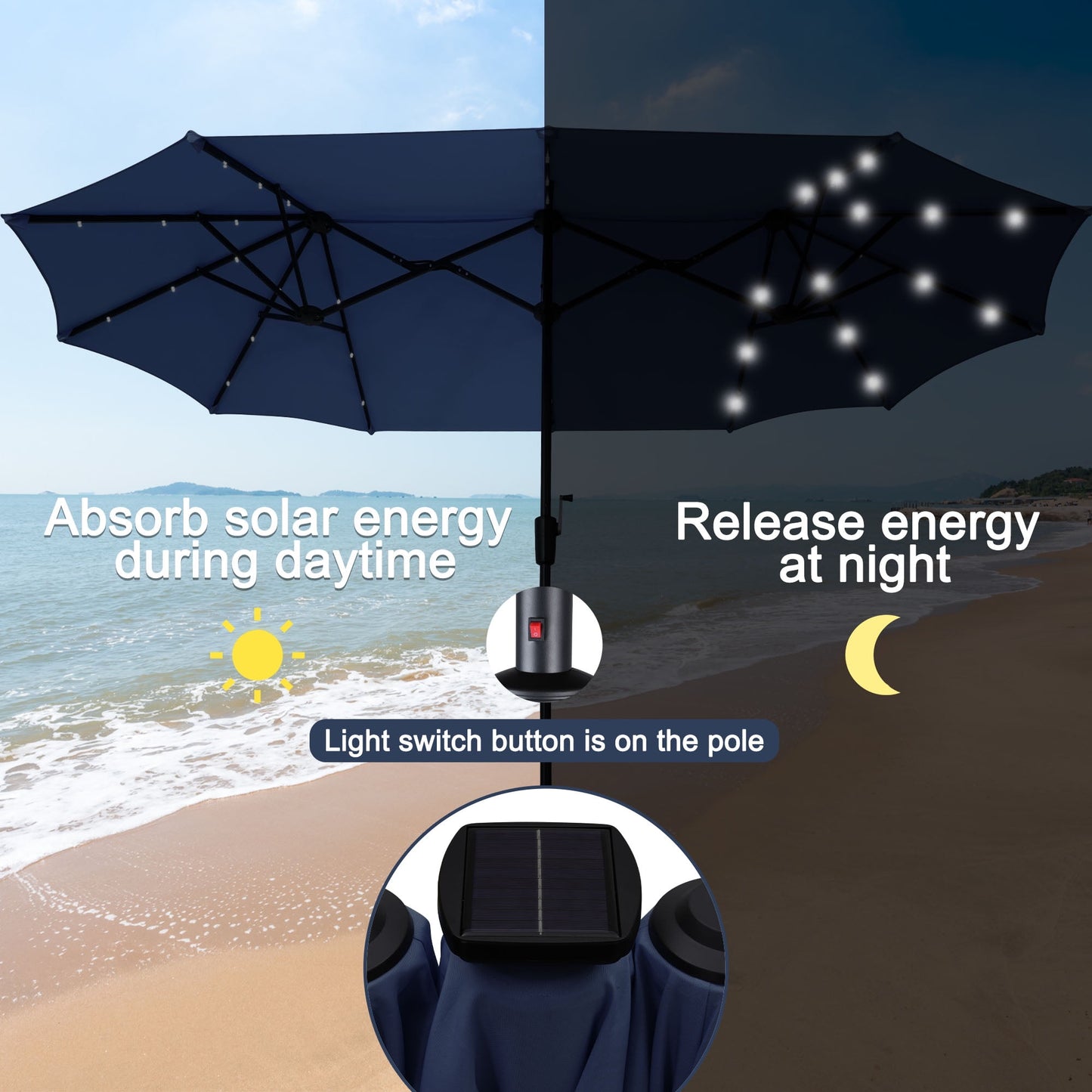 Autlaycil 13 ft Rectangle Patio Umbrella with Umbrella Base 36 LED lights for Market Patio Solar Umbrella (Navy Blue)