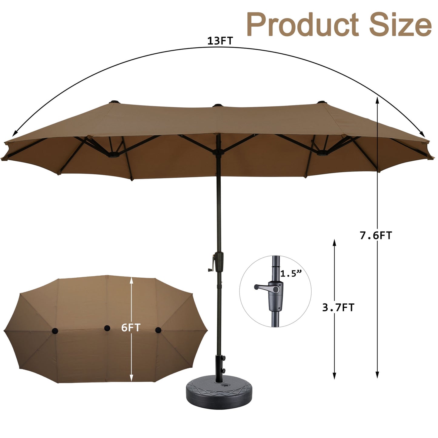 Autlaycil 13 ft Rectangle Patio Umbrella with Crank, Outdoor Market Umbrella with Umbrella Base (Coffee)
