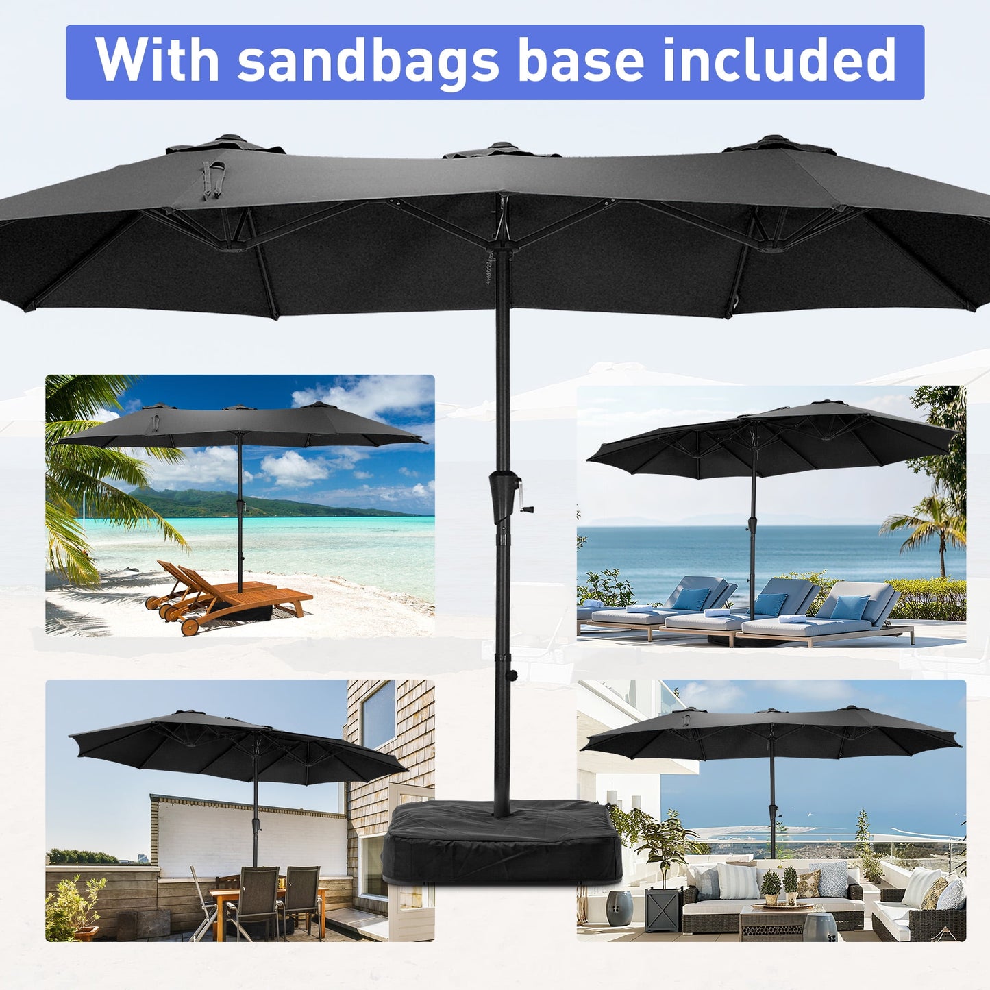 Autlaycil 15 ft Rectangle Patio Umbrella with Umbrella Base, Crank, Outdoor Market Umbrella (Black)