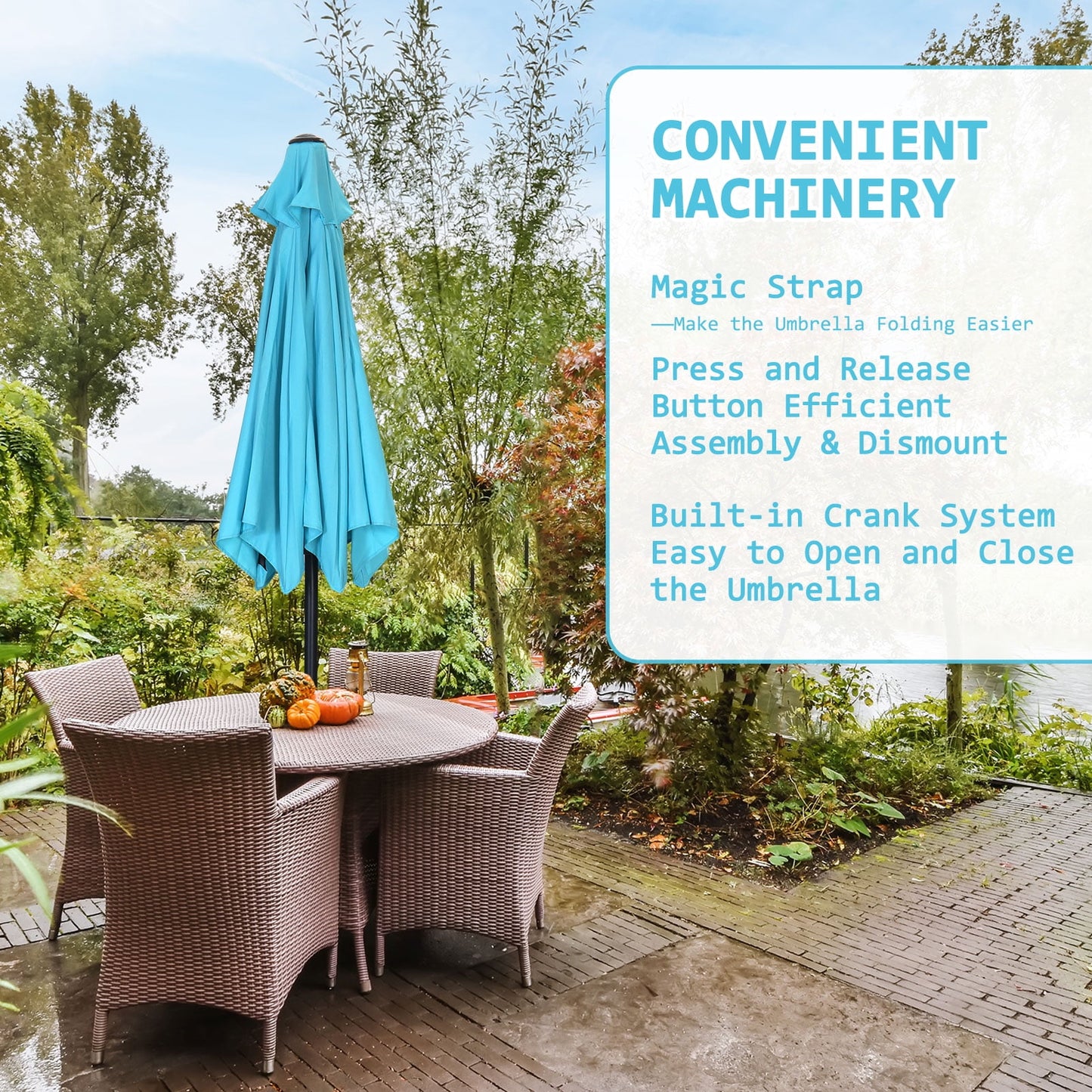 Autlaycil 7.5 ft Blue Patio Umbrella and Decorated Base, with Push Button Tilt and Crank for Beach, Pool, Outdoor