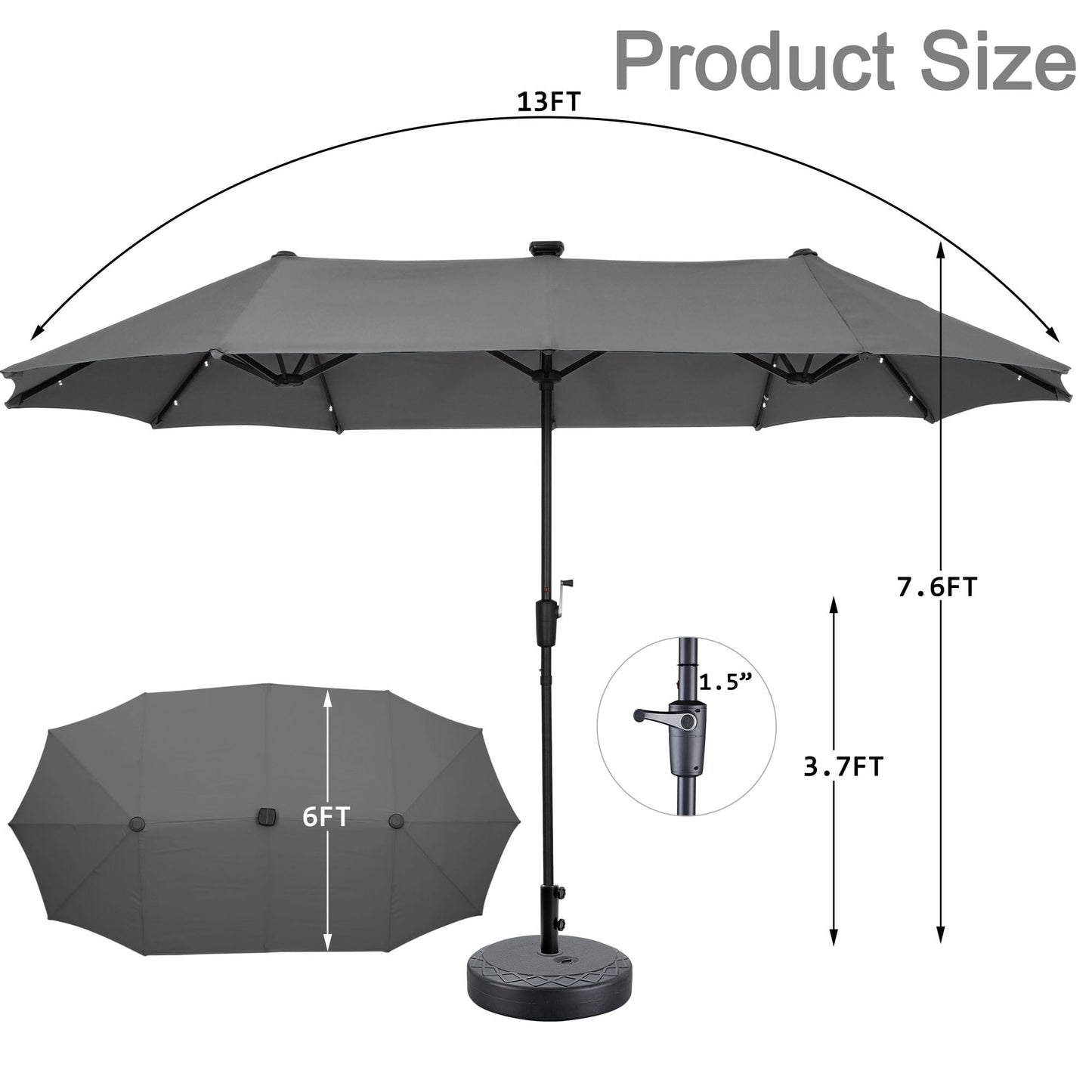 Autlaycil 13 ft Rectangle Patio Umbrella with Umbrella Base 36 LED lights for Market Patio Solar Umbrella (Grey)