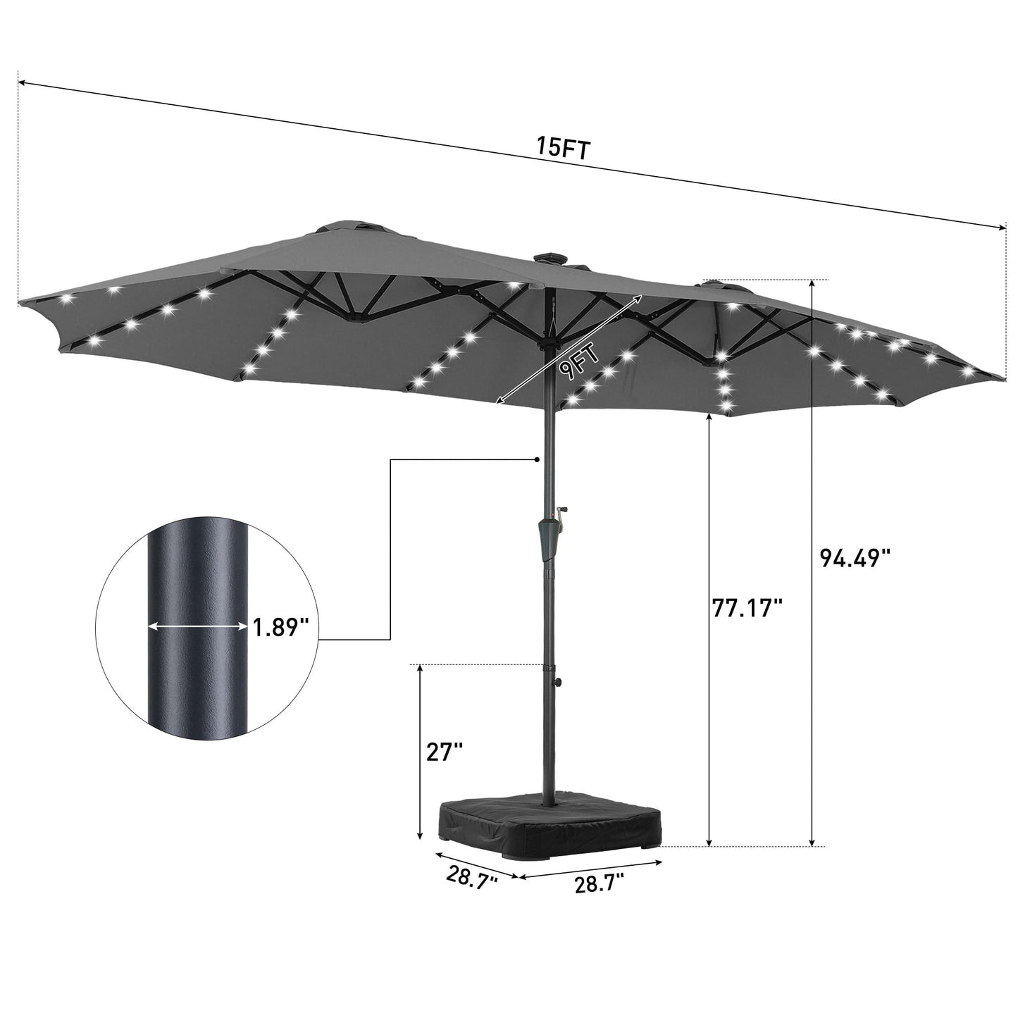 Autlaycil 15ft Large Rectangle Outdoor Patio Umbrella and 48 Solar Lights with Matching Base, Market, Beach, Garden, Yard, Party, Grey