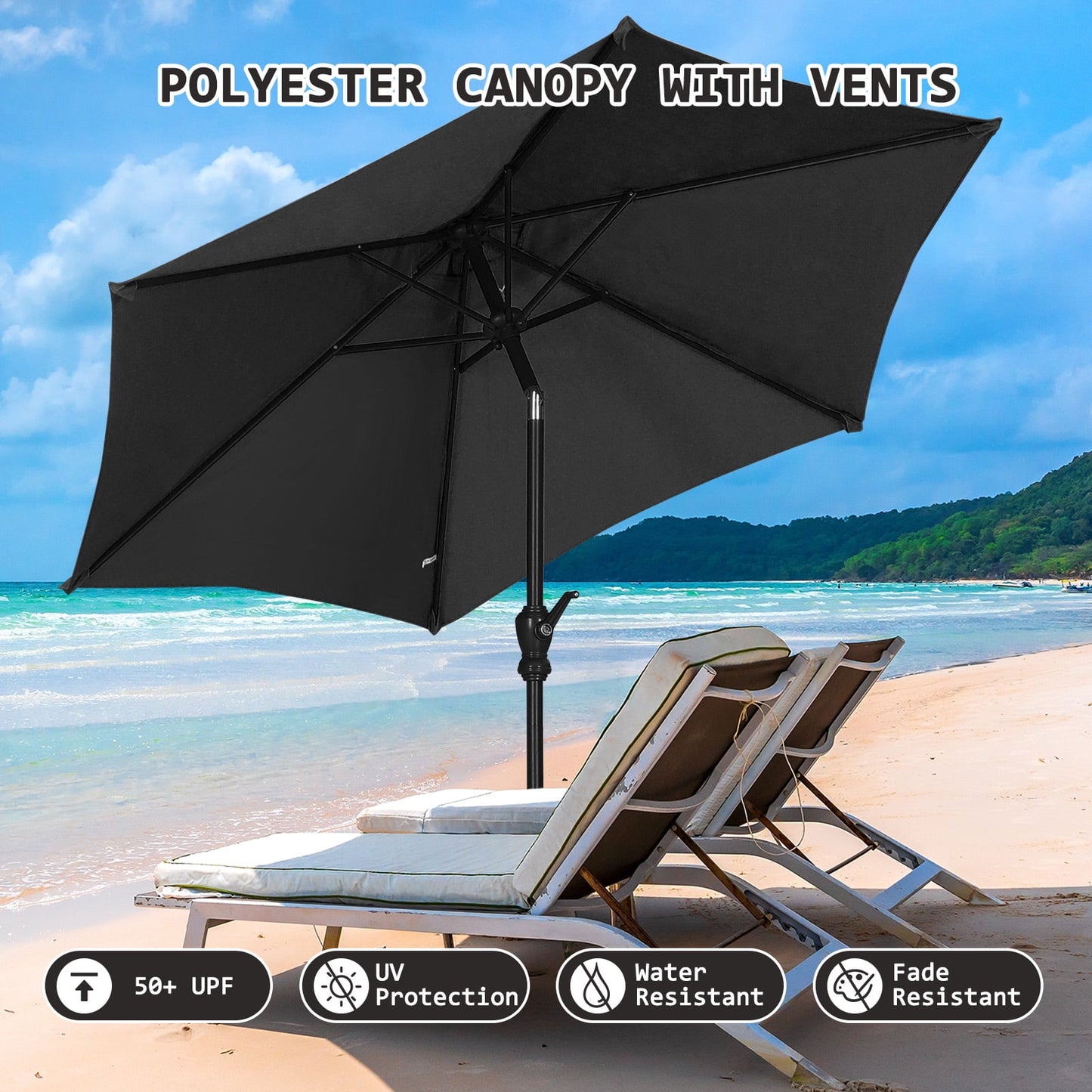 Autlaycil 7.5 ft Black Patio Umbrella and Decorated Base, with Push Button Tilt and Crank for Beach, Pool, Outdoor