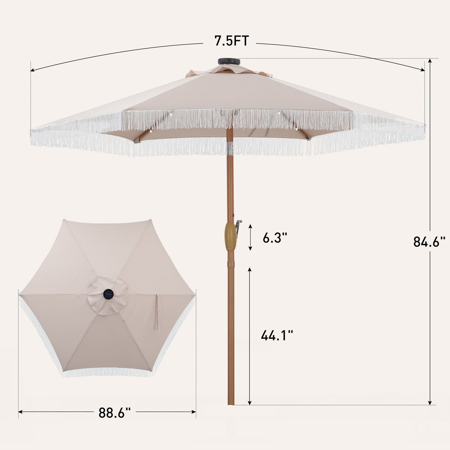 Autlaycil 7.5 ft Beige Tassel Patio Umbrella with Base, 18 LED Lights Solar, and Push Button Tilt and Crank