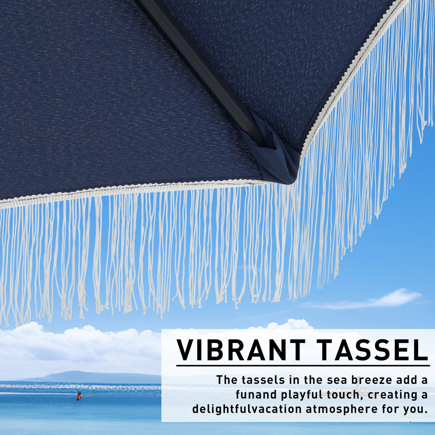 Autlaycil 7.5 ft Navy Blue Fringe Patio Umbrella and Base, with Push Button Tilt and Crank for Beach, Pool, Outdoor