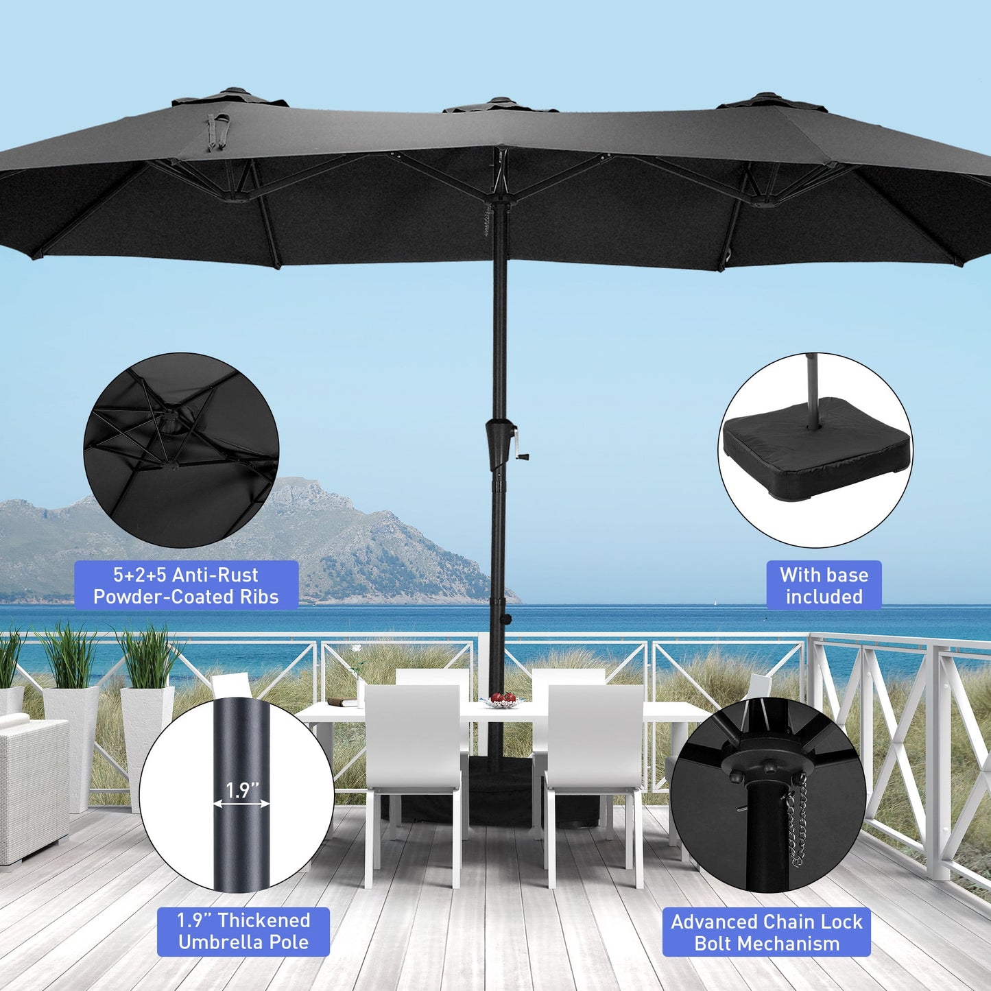 Autlaycil 15 ft Rectangle Patio Umbrella with Umbrella Base, Crank, Outdoor Market Umbrella (Black)