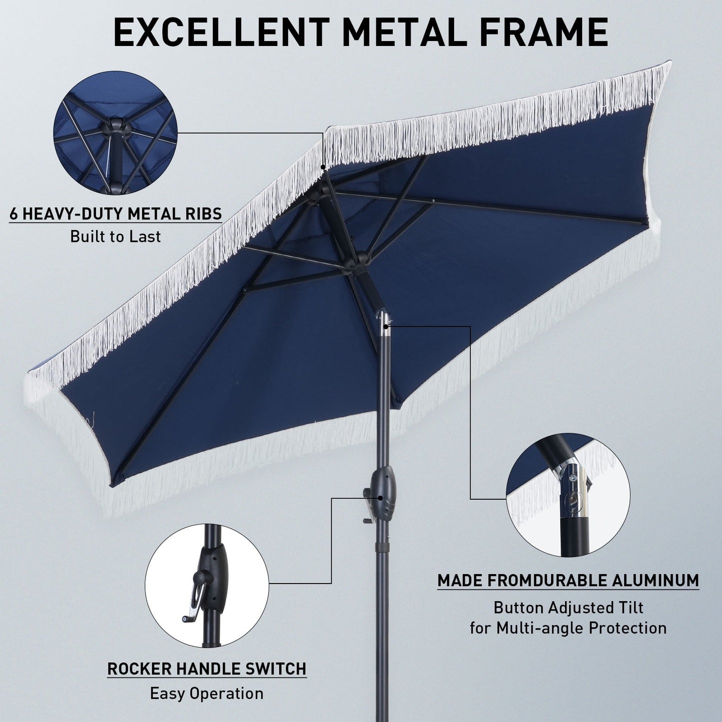 Autlaycil 7.5 ft Navy Blue Fringe Patio Umbrella and Base, with Push Button Tilt and Crank for Beach, Pool, Outdoor