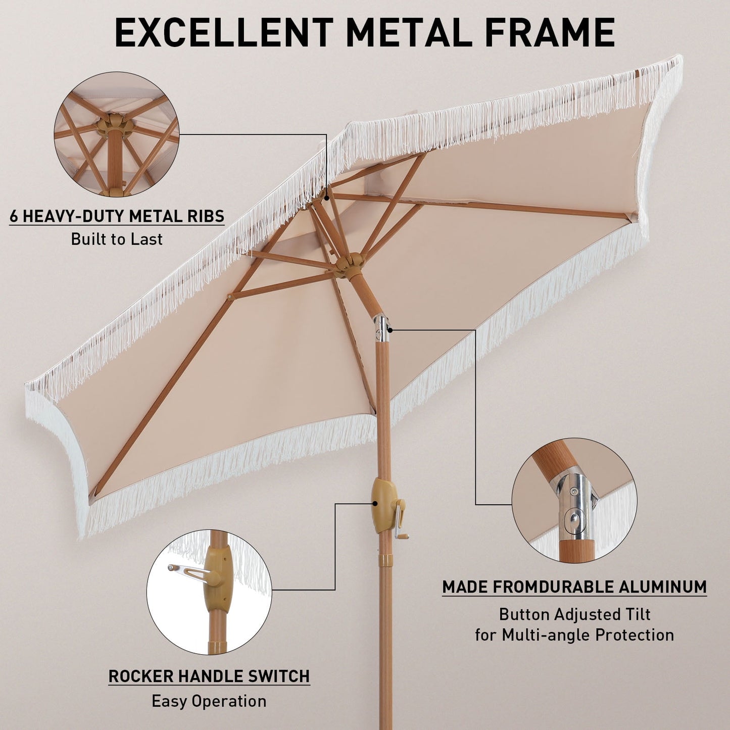 Autlaycil 7.5 ft Beige Fringe Patio Umbrella and Base, with Push Button Tilt and Crank for Beach, Pool, Outdoor