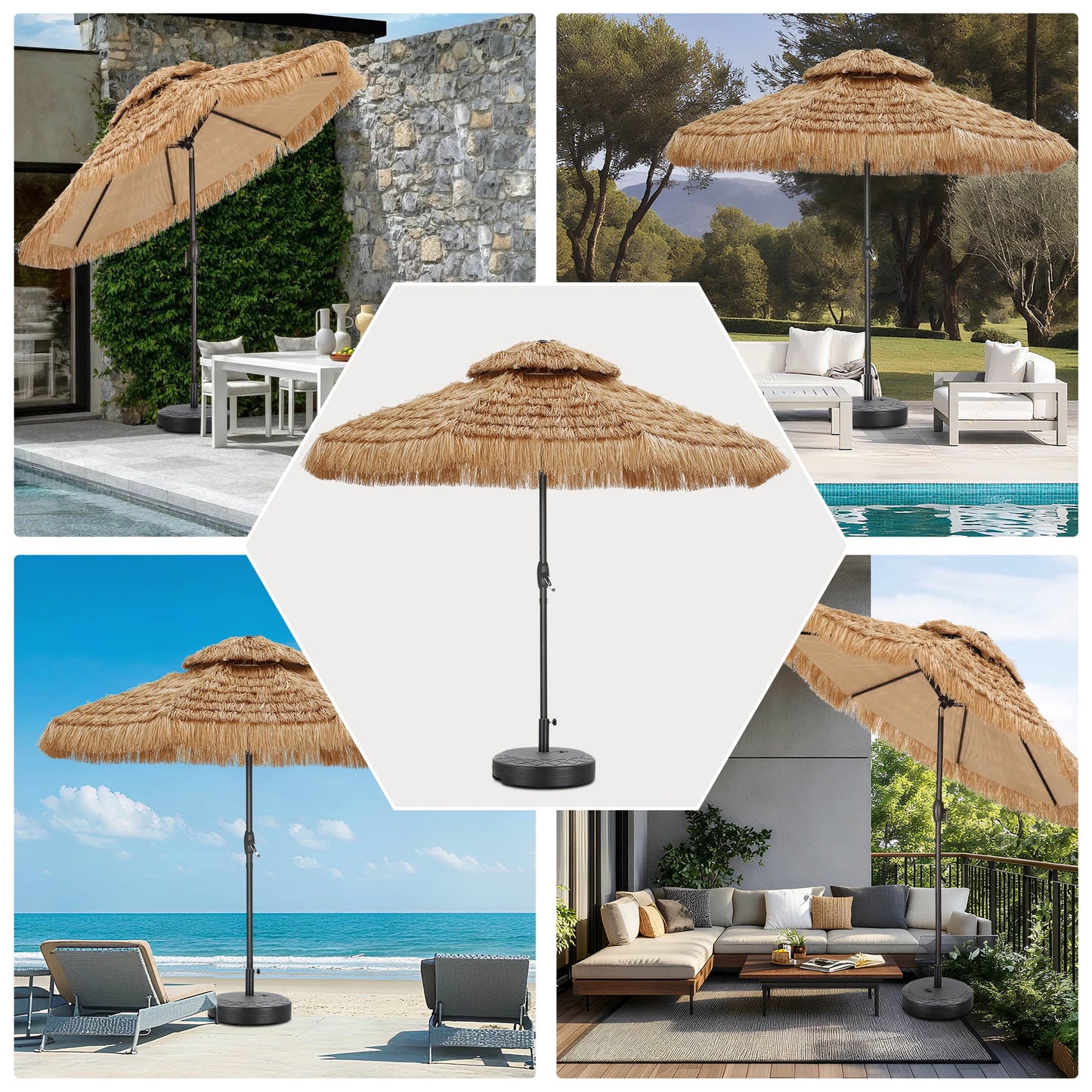 Autlaycil 9 ft Hula Tiki Outdoor Umbrella with Matching Base, 2-Tier Thatched Beach Umbrella, Pool, Patio, Yard, Garden
