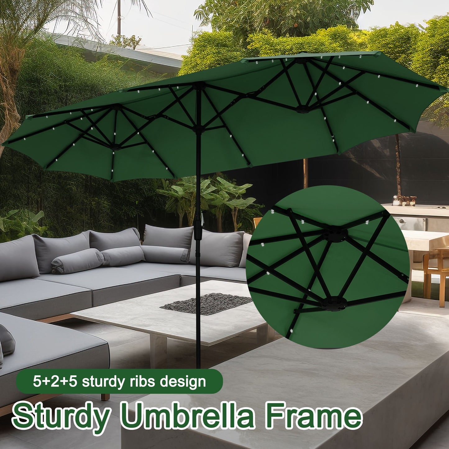 Autlaycil 13 ft Rectangle Patio Umbrella with Umbrella Base 36 LED lights for Market Patio Solar Umbrella (Green)