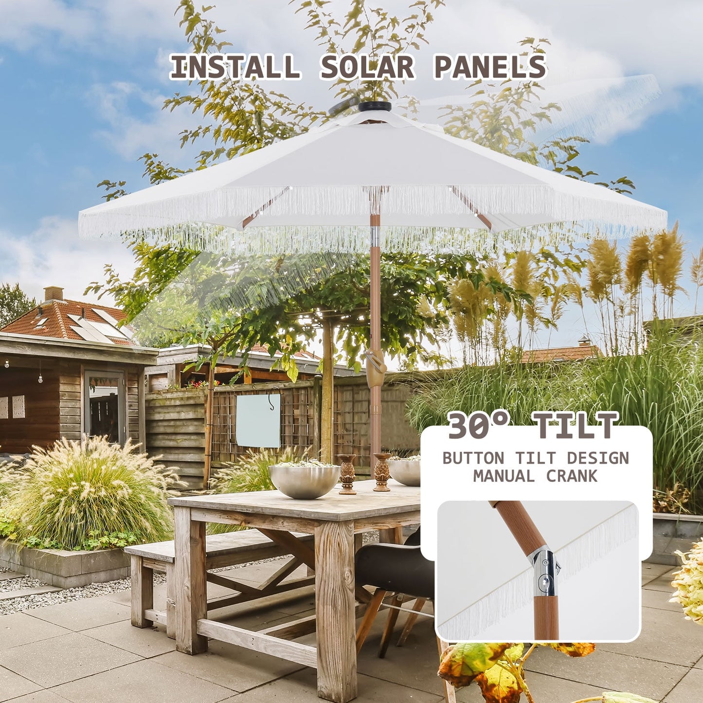 Autlaycil 7.5 ft White Tassel Patio Umbrella with Base, 18 LED Lights Solar, and Push Button Tilt and Crank