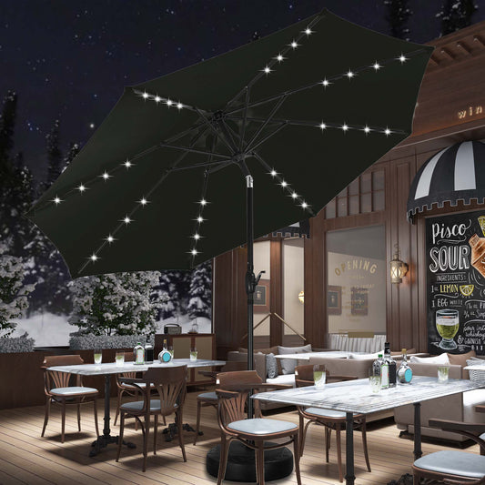 Autlaycil 10 ft Solar Patio Umbrellas and Base,  with 32 Lights for Market Outdoor Pool, Steel Tilt Crank-Dark Black