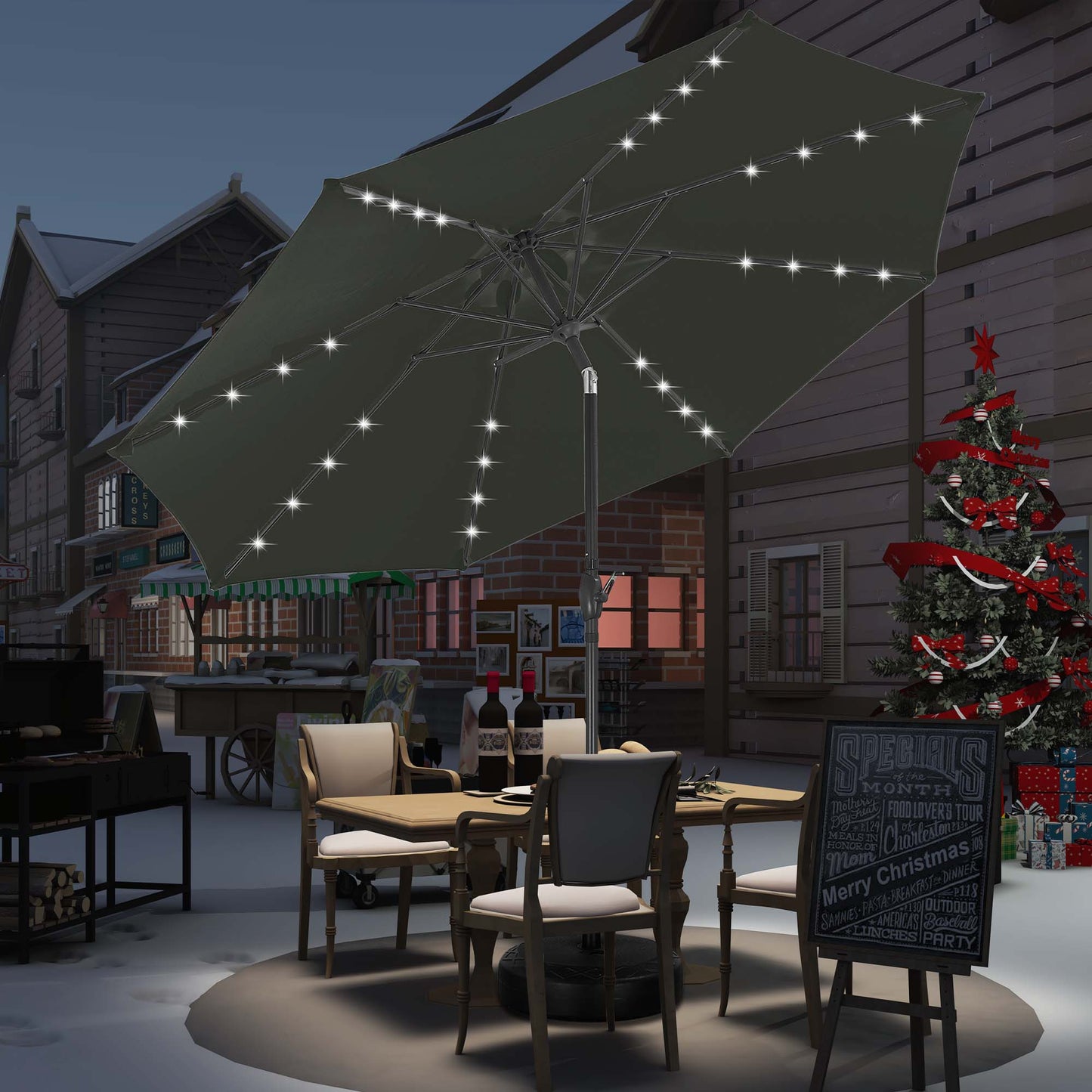 Autlaycil 10 ft Solar Patio Umbrellas with 32 Lights for Market Outdoor Pool, Steel Tilt Crank-Dark Black