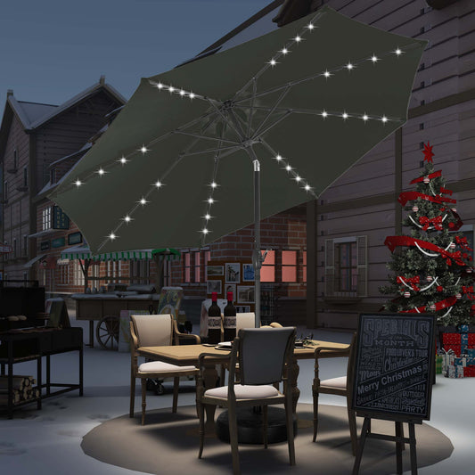 Autlaycil 10 ft Solar Patio Umbrellas with 32 Lights for Market Outdoor Pool, Steel Tilt Crank-Dark Black