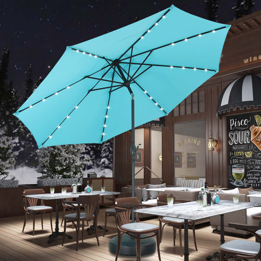 Autlaycil 10 ft Solar Patio Umbrellas and Base,  with 32 Lights for Market Outdoor Pool, Steel Tilt Crank-Blue