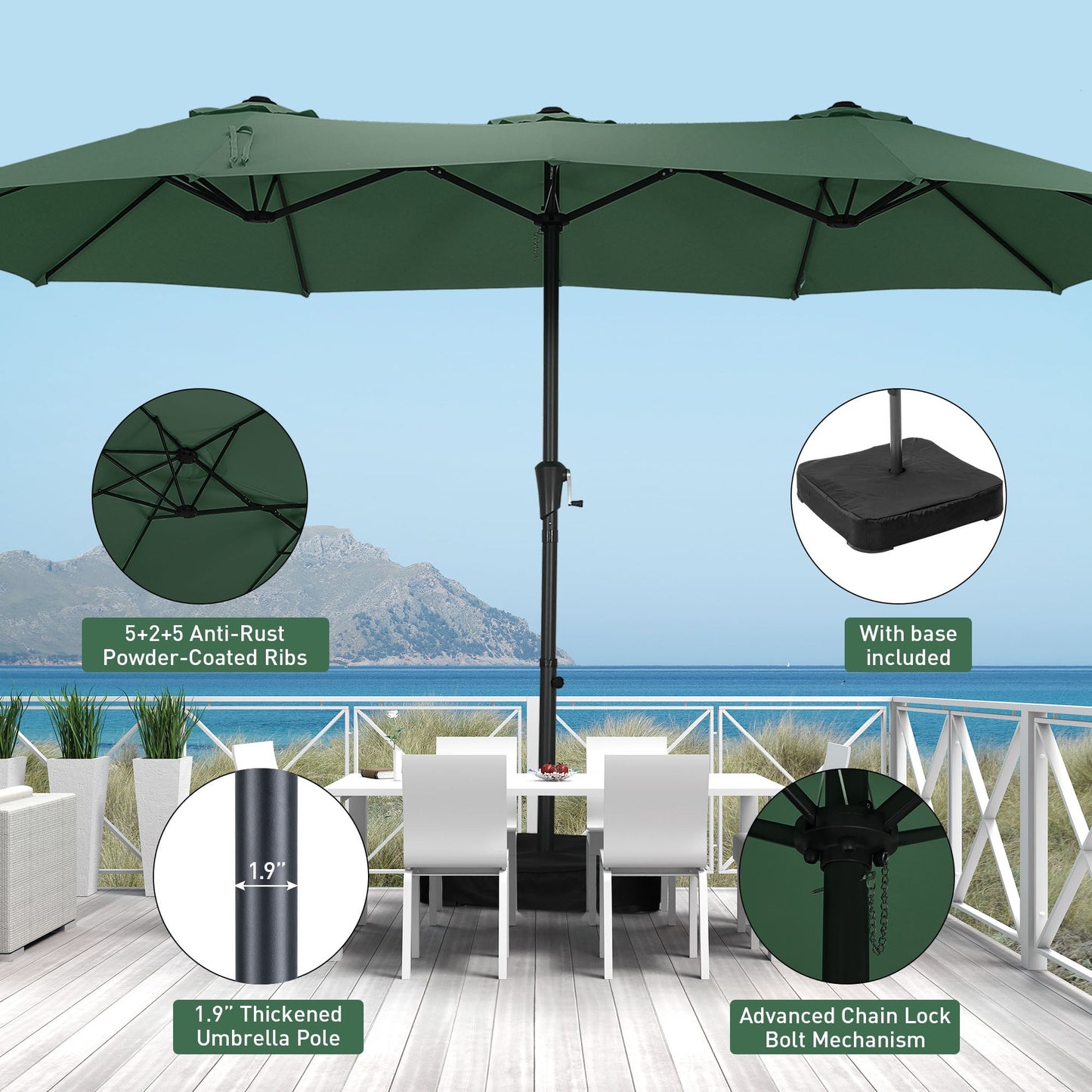 Autlaycil 15 ft Rectangle Patio Umbrella with Umbrella Base, Crank, Outdoor Market Umbrella (Green)
