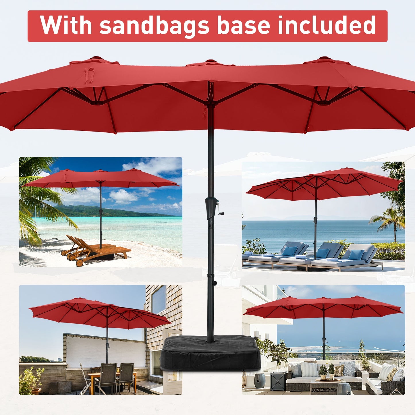 Autlaycil 15 ft Rectangle Patio Umbrella with Umbrella Base, Crank, Outdoor Market Umbrella (Red)