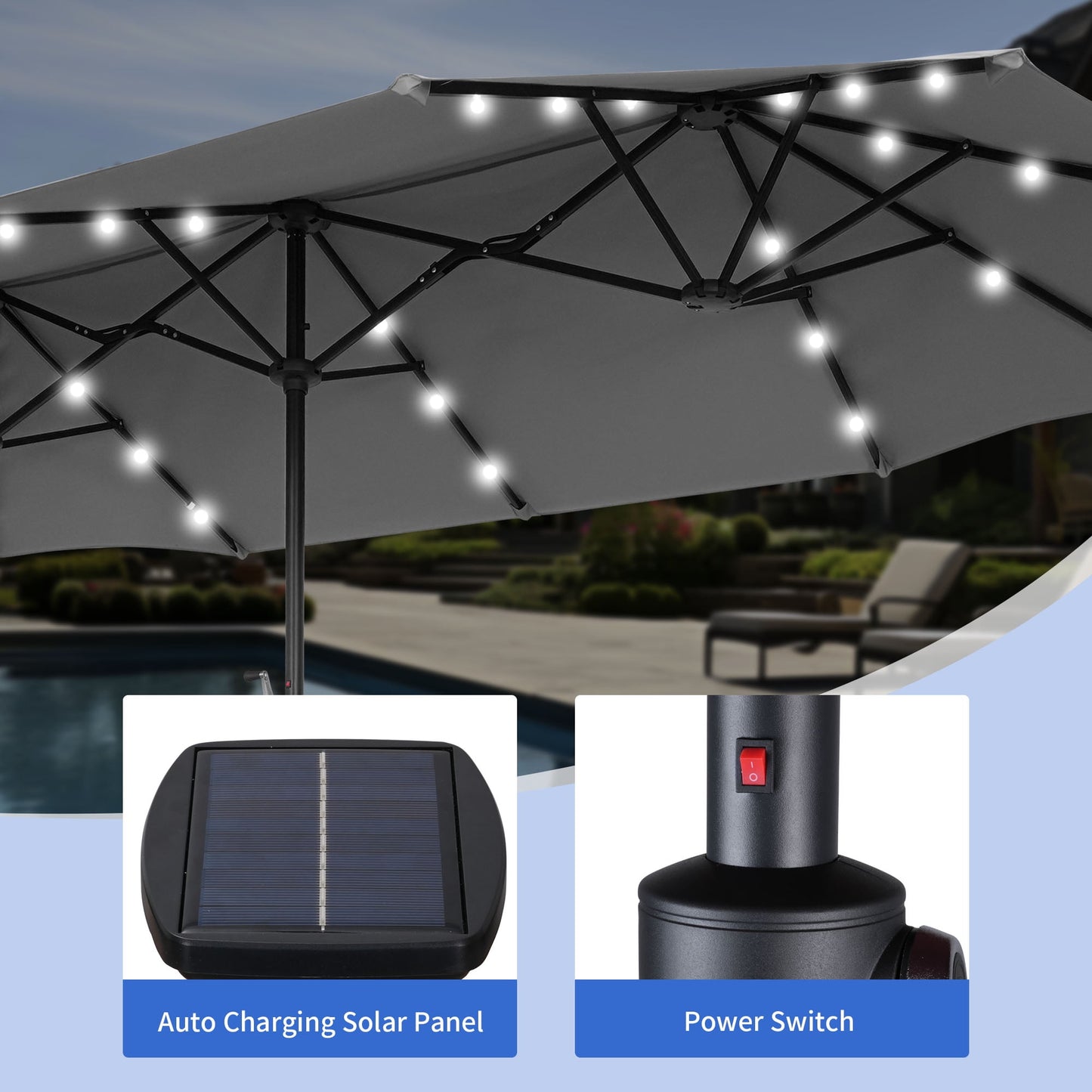 Autlaycil 13 Ft Solar LED Patio Umbrella, 36 Solar Powered LED Lights & Crank System for Garden, Deck, Poolside, Patio, Grey