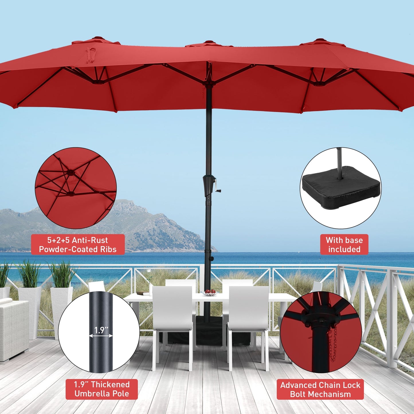 Autlaycil 15 ft Rectangle Patio Umbrella with Umbrella Base, Crank, Outdoor Market Umbrella (Red)