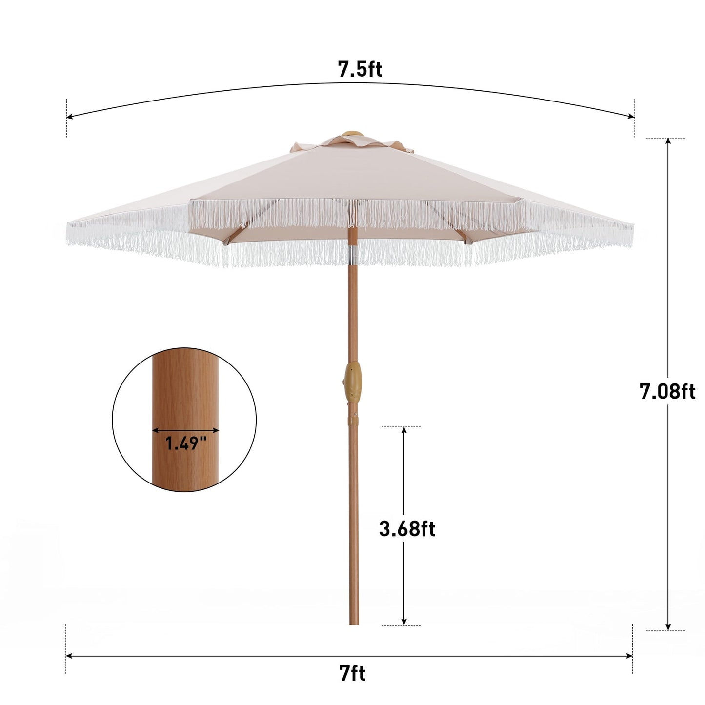 Autlaycil 7.5 ft Off White Fringe Patio Umbrella and Base, with Push Button Tilt and Crank for Beach, Pool, Outdoor