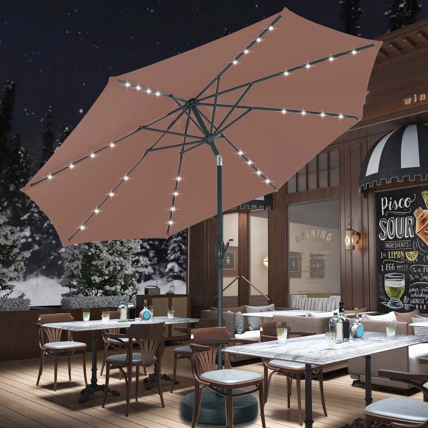 Autlaycil 10 ft Solar Patio Umbrellas and Base,  with 32 Lights for Market Outdoor Pool, Steel Tilt Crank-Coffee