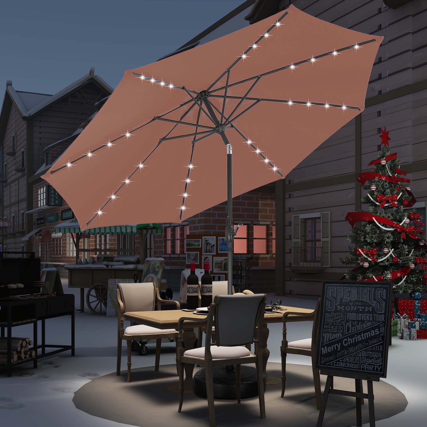 Autlaycil 10 ft Solar Patio Umbrellas with 32 Lights for Market Outdoor Pool, Steel Tilt Crank-Coffee