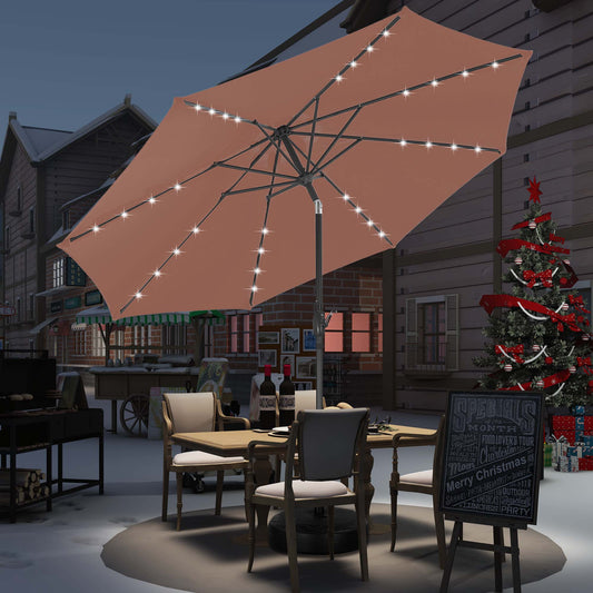 Autlaycil 10 ft Solar Patio Umbrellas with 32 Lights for Market Outdoor Pool, Steel Tilt Crank-Coffee