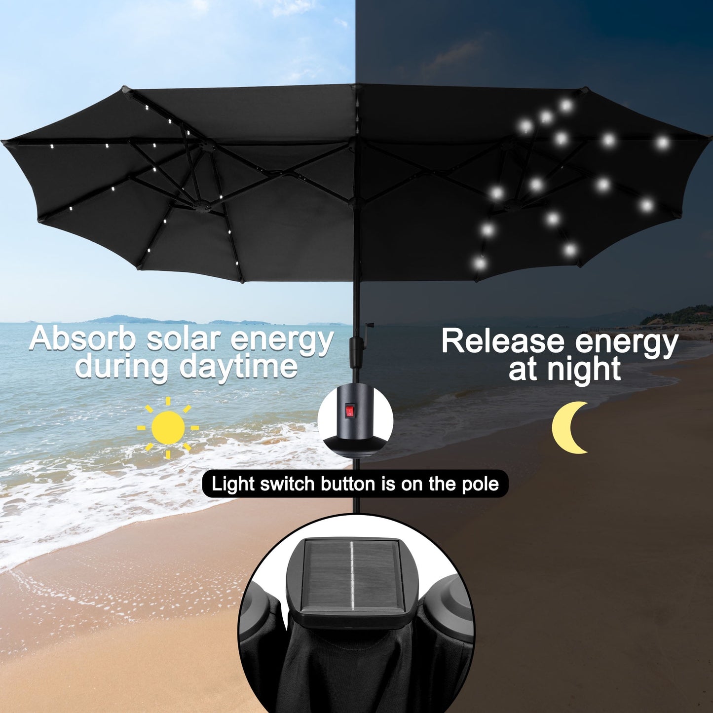 Autlaycil 13 ft Rectangle Patio Umbrella with Umbrella Base 36 LED lights for Market Patio Solar Umbrella (Black)
