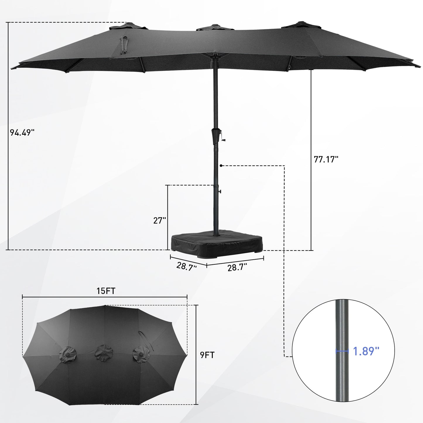 Autlaycil 15 ft Rectangle Patio Umbrella with Umbrella Base, Crank, Outdoor Market Umbrella (Black)