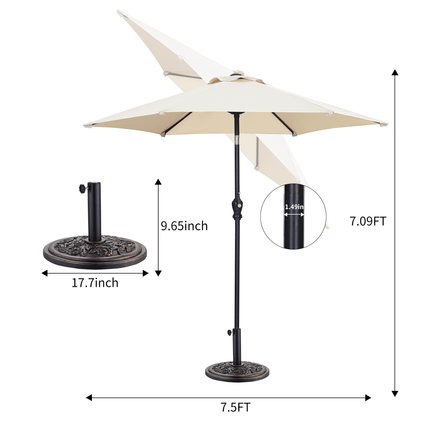 Autlaycil 7.5 ft Beige Patio Umbrella and Decorated Base, with Push Button Tilt and Crank for Beach, Pool, Outdoor