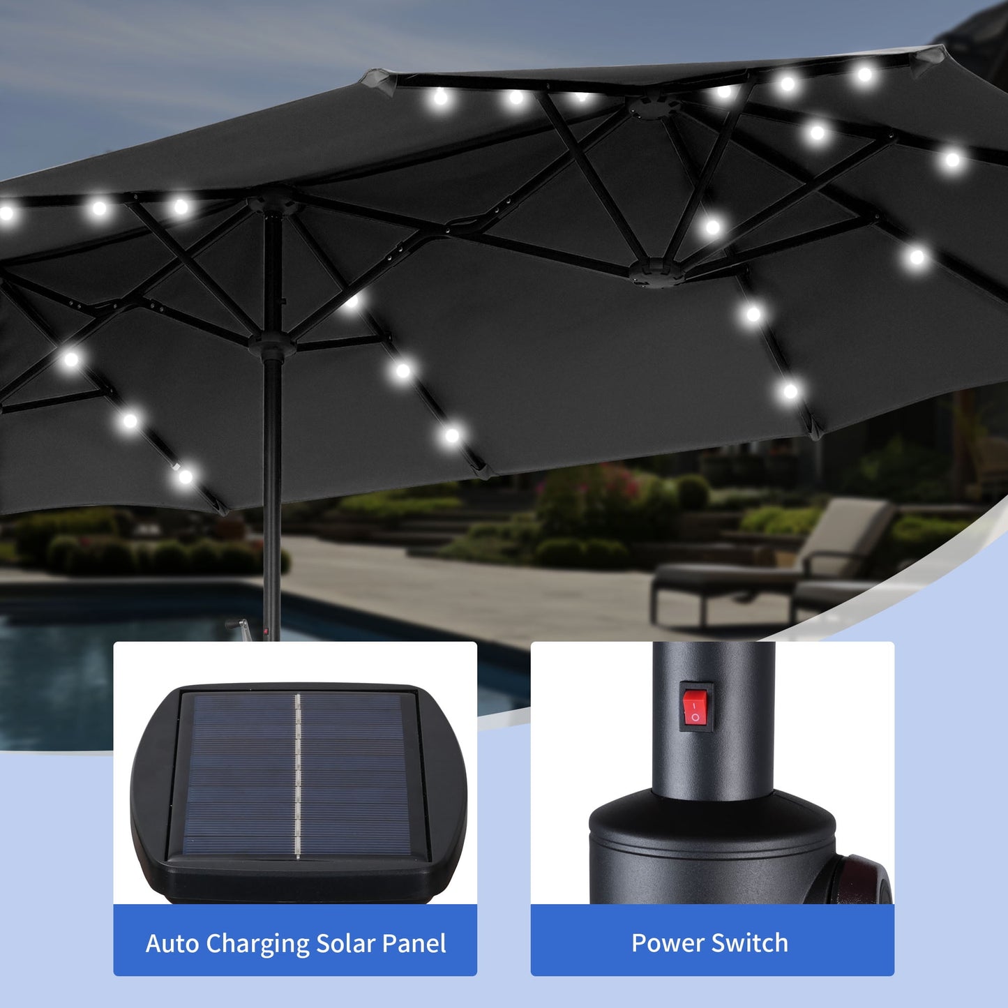 Autlaycil 13 Ft Solar LED Patio Umbrella, 36 Solar Powered LED Lights & Crank System for Garden, Deck, Poolside, Patio, Black