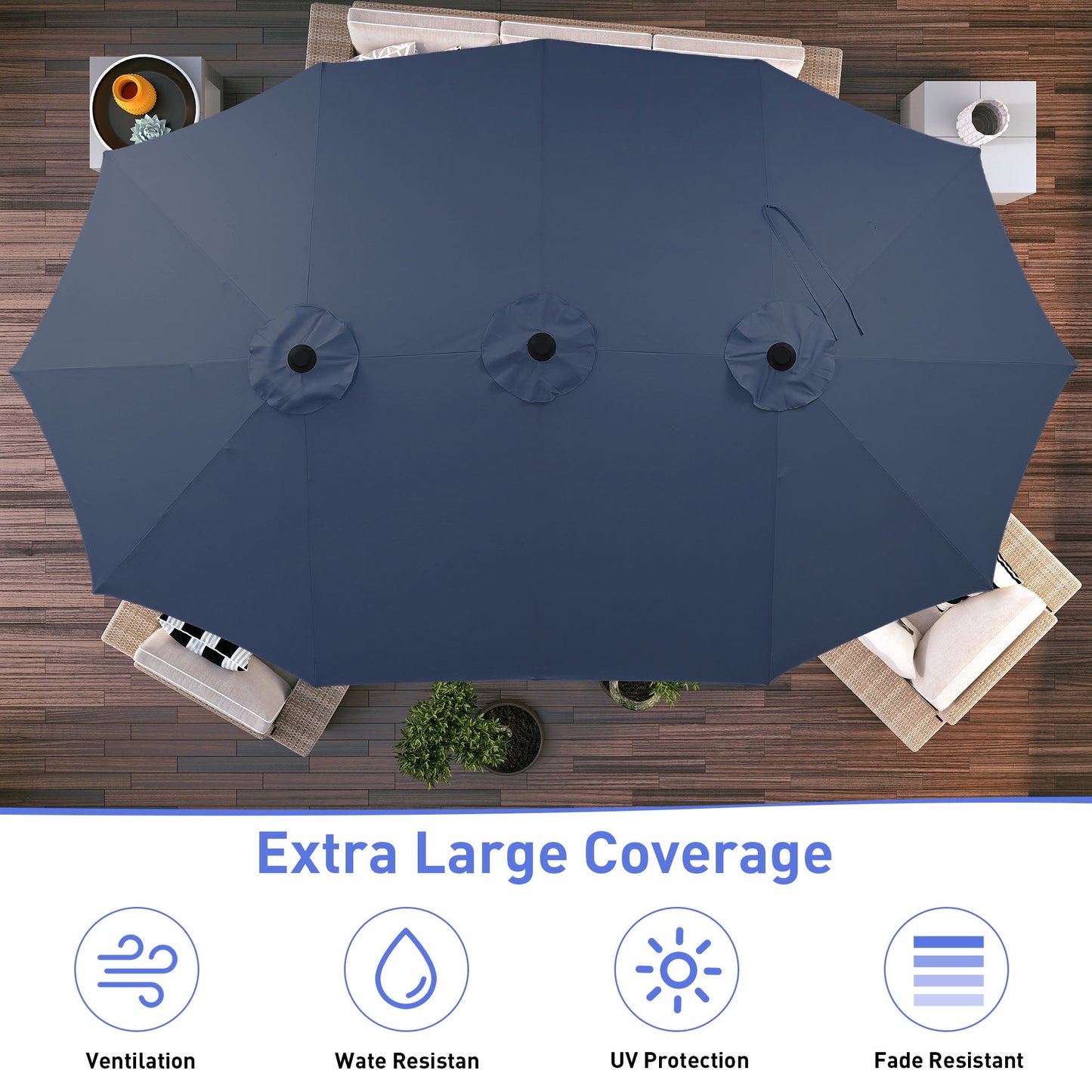 Autlaycil 15 ft Rectangle Patio Umbrella with Umbrella Base, Crank, Outdoor Market Umbrella (Navy Blue)