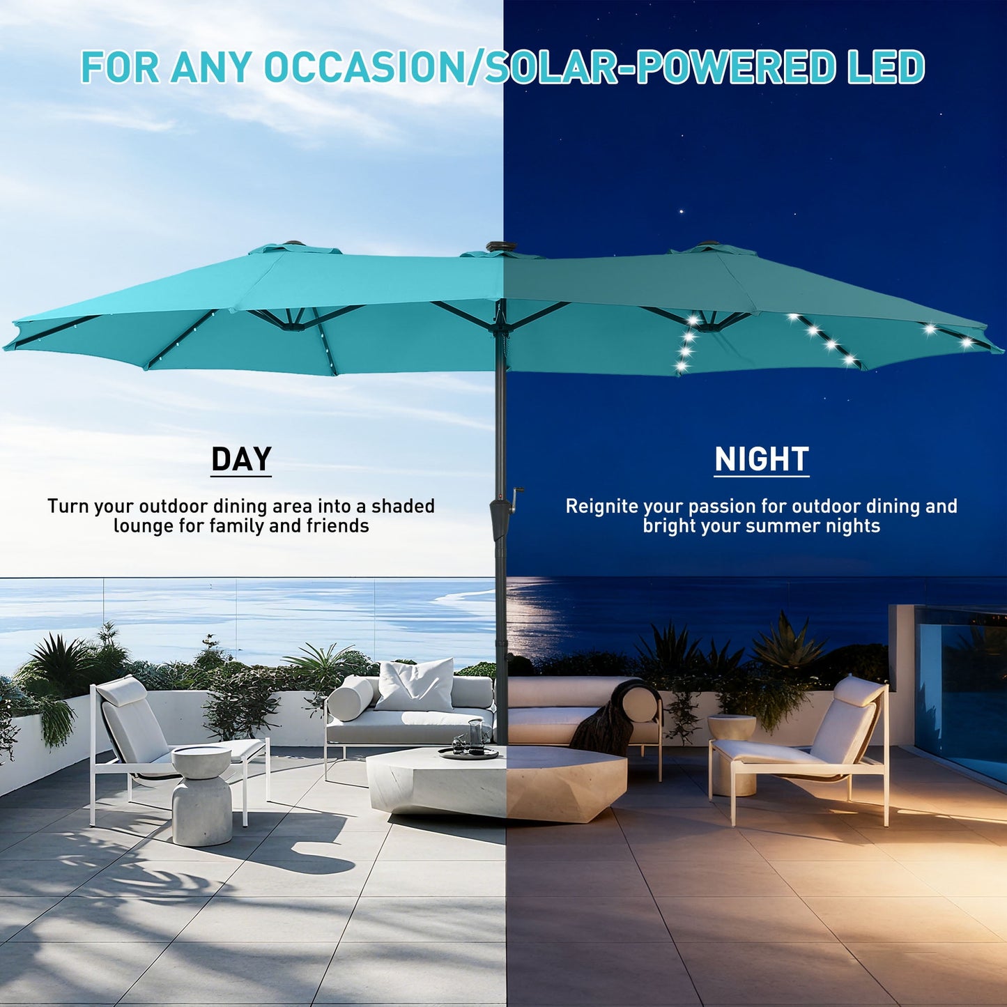 Autlaycil 15ft Large Rectangle Outdoor Patio Umbrella and 48 Solar Lights with Matching Base, Market, Beach, Garden, Yard, Party, Blue