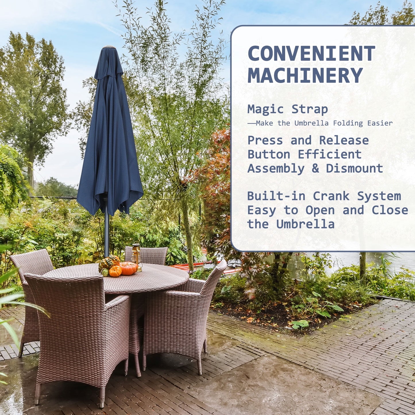 Autlaycil 7.5 ft Navy Blue Patio Umbrella and Decorated Base, with Push Button Tilt and Crank for Beach, Pool, Outdoor