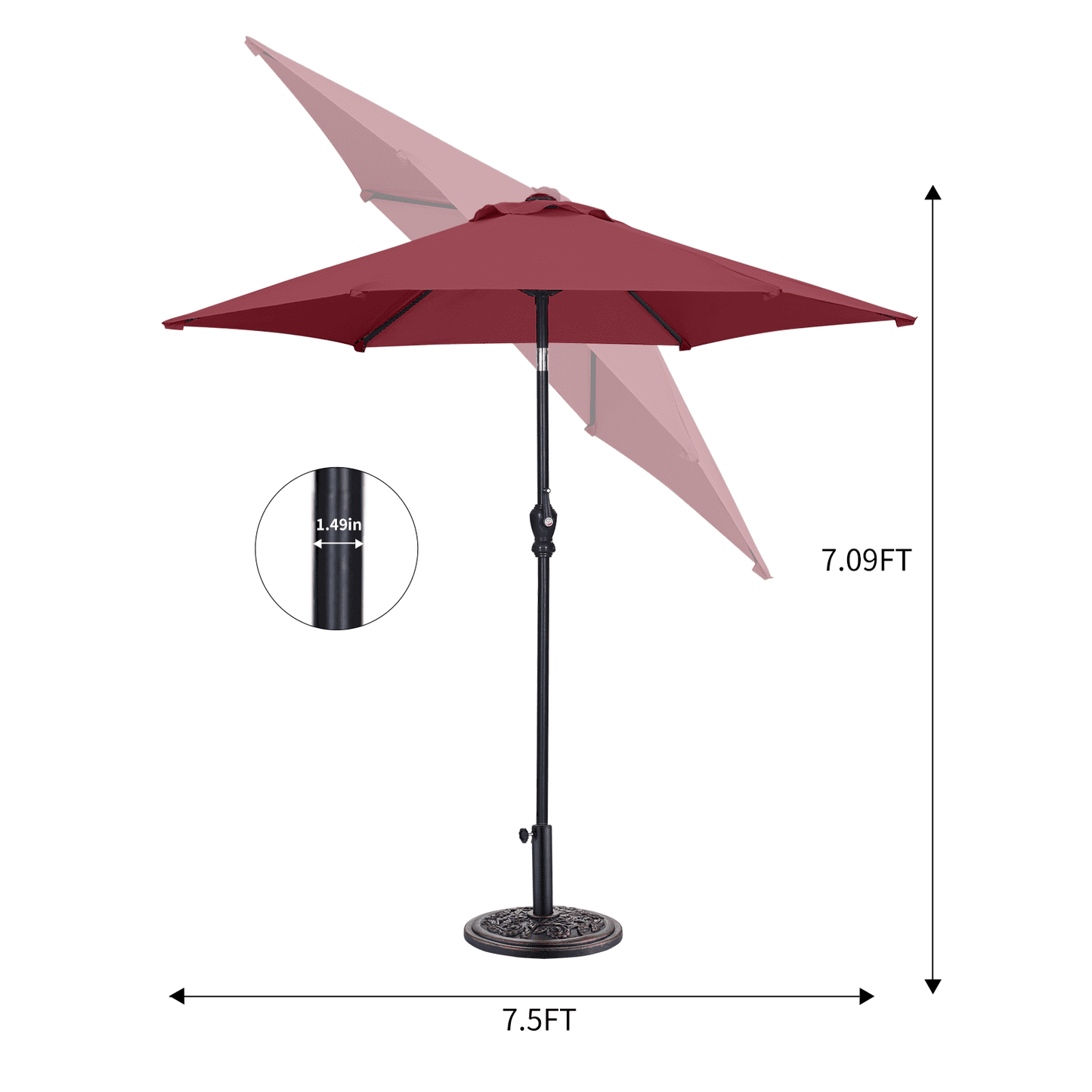 Autlaycil 7.5 ft Red Patio Umbrella and Decorated Base, with Push Button Tilt and Crank for Beach, Pool, Outdoor