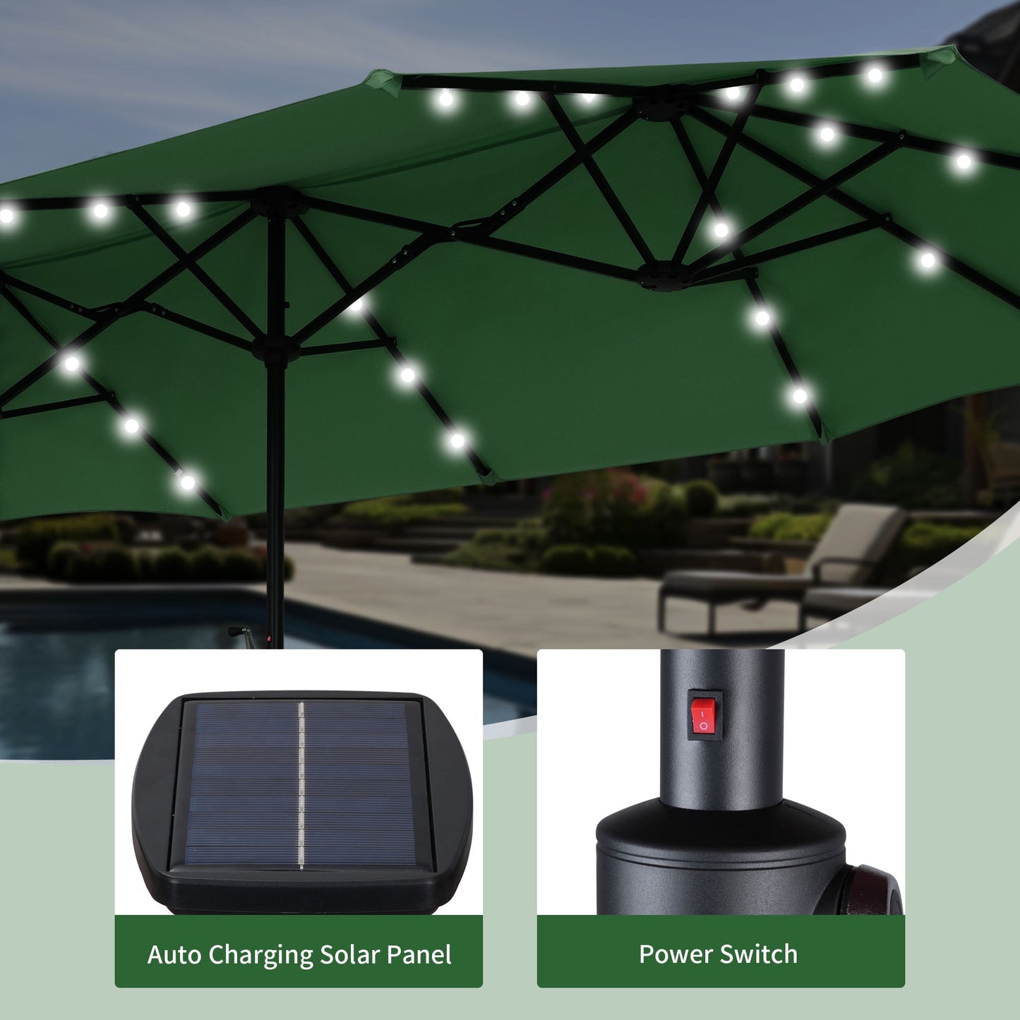 Autlaycil 13 Ft Solar LED Patio Umbrella, 36 Solar Powered LED Lights & Crank System for Garden, Deck, Poolside, Patio, Green