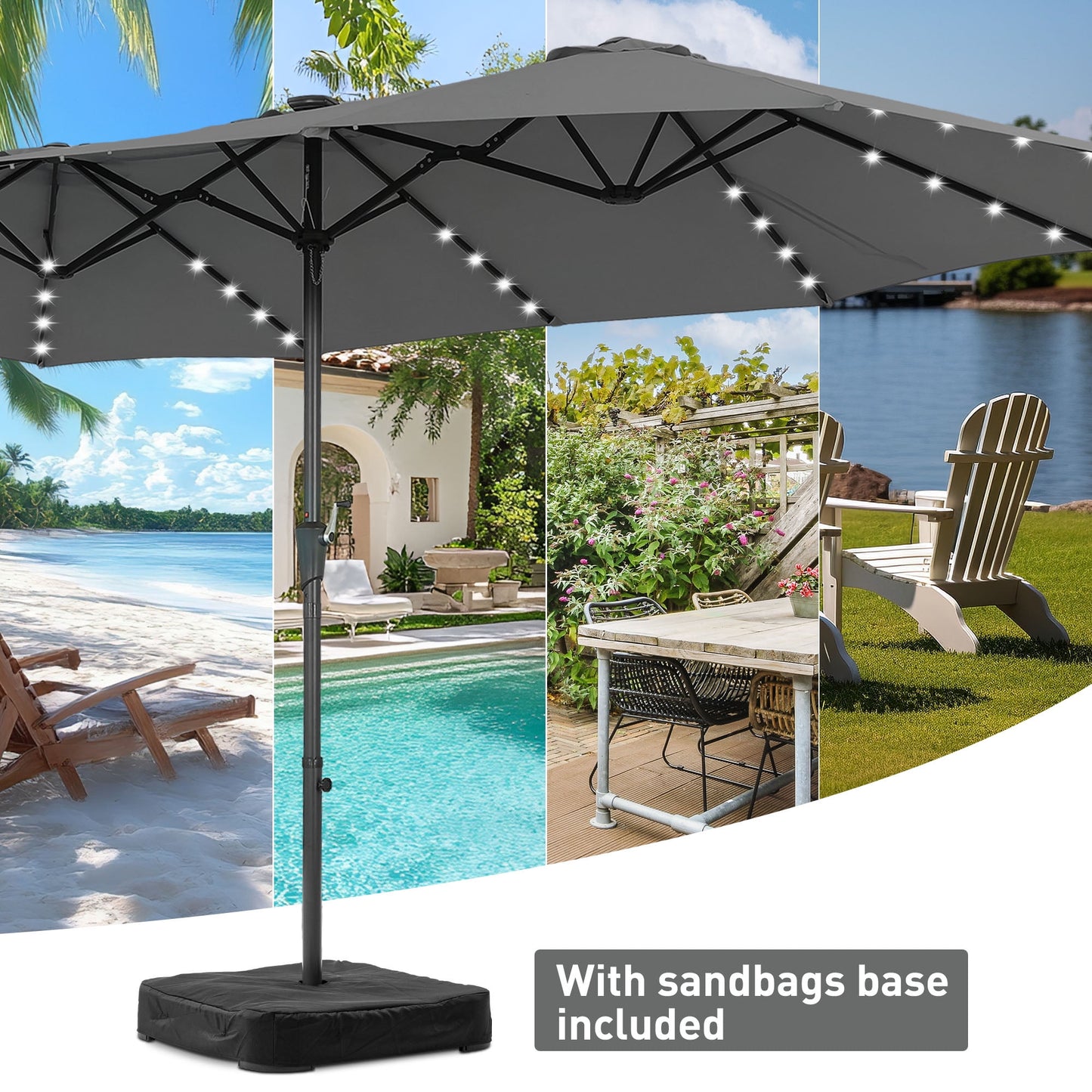 Autlaycil 15ft Large Rectangle Outdoor Patio Umbrella and 48 Solar Lights with Matching Base, Market, Beach, Garden, Yard, Party, Grey