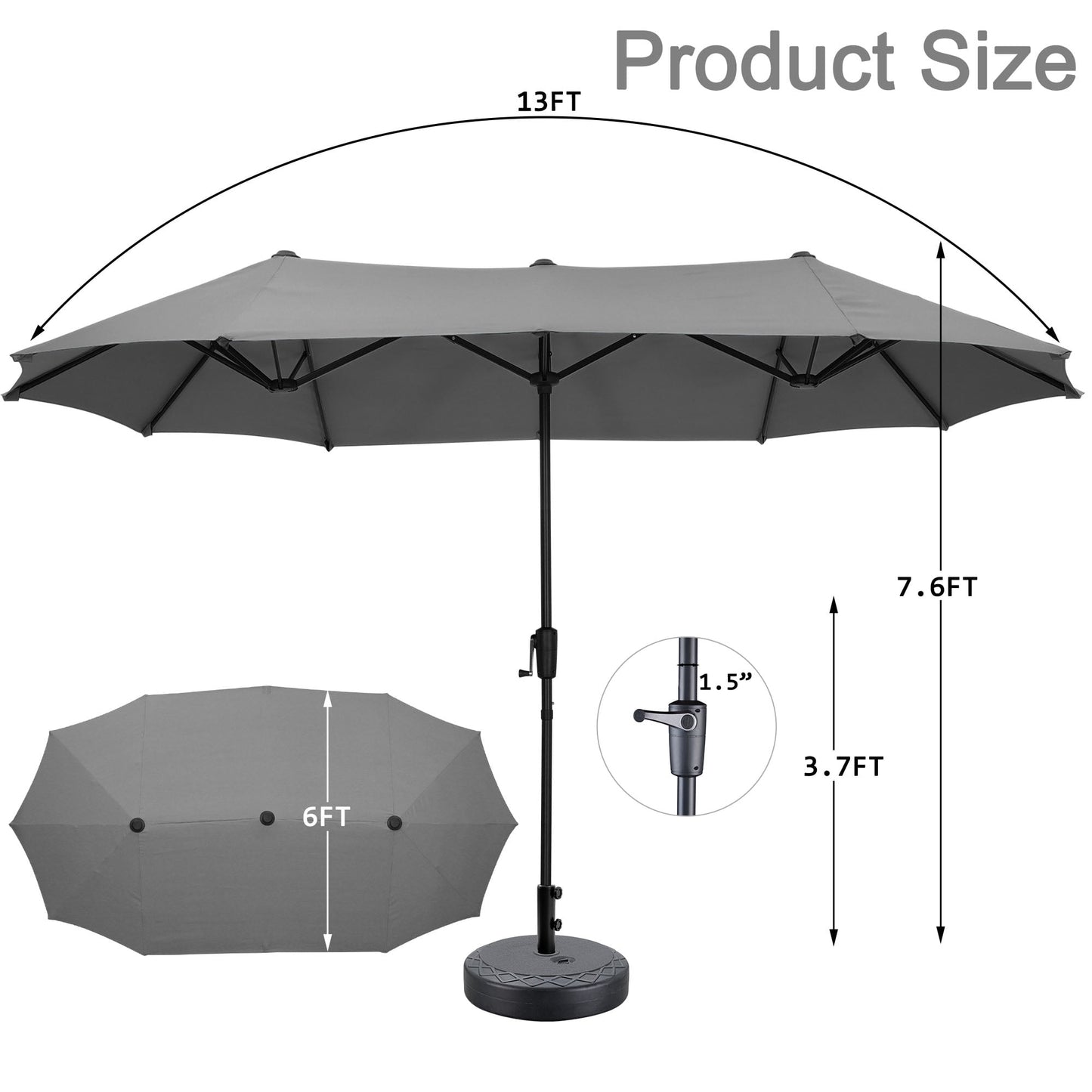 Autlaycil 13 ft Rectangle Patio Umbrella with Crank, Outdoor Market Umbrella with Umbrella Base (Grey)