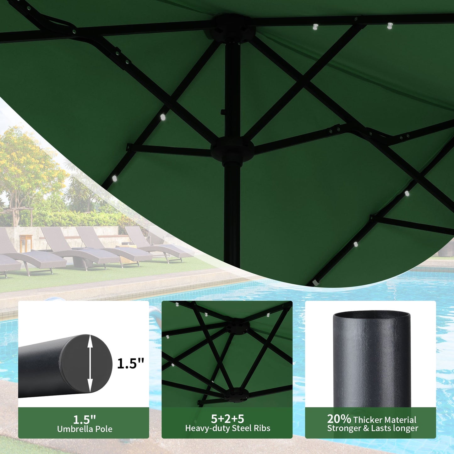 Autlaycil 13 Ft Solar LED Patio Umbrella, 36 Solar Powered LED Lights & Crank System for Garden, Deck, Poolside, Patio, Green