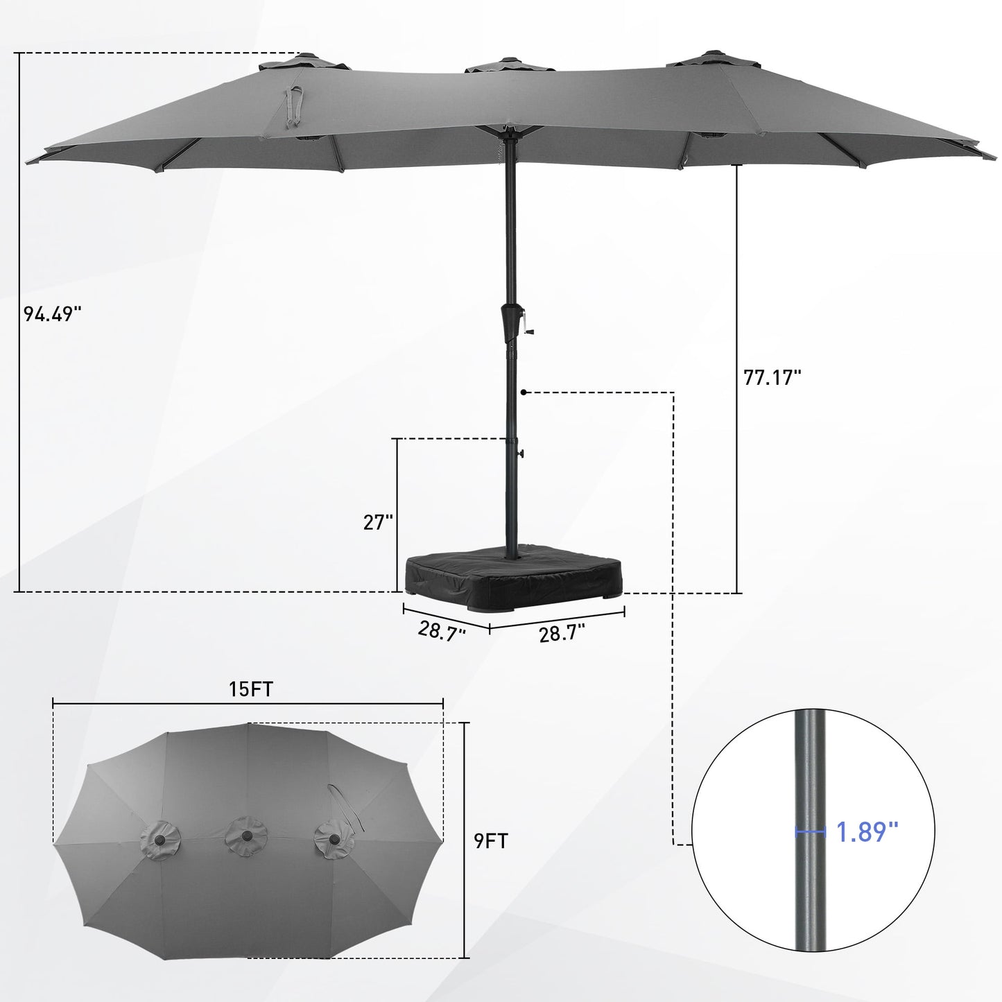Autlaycil 15 ft Rectangle Patio Umbrella with Umbrella Base, Crank, Outdoor Market Umbrella (Grey)