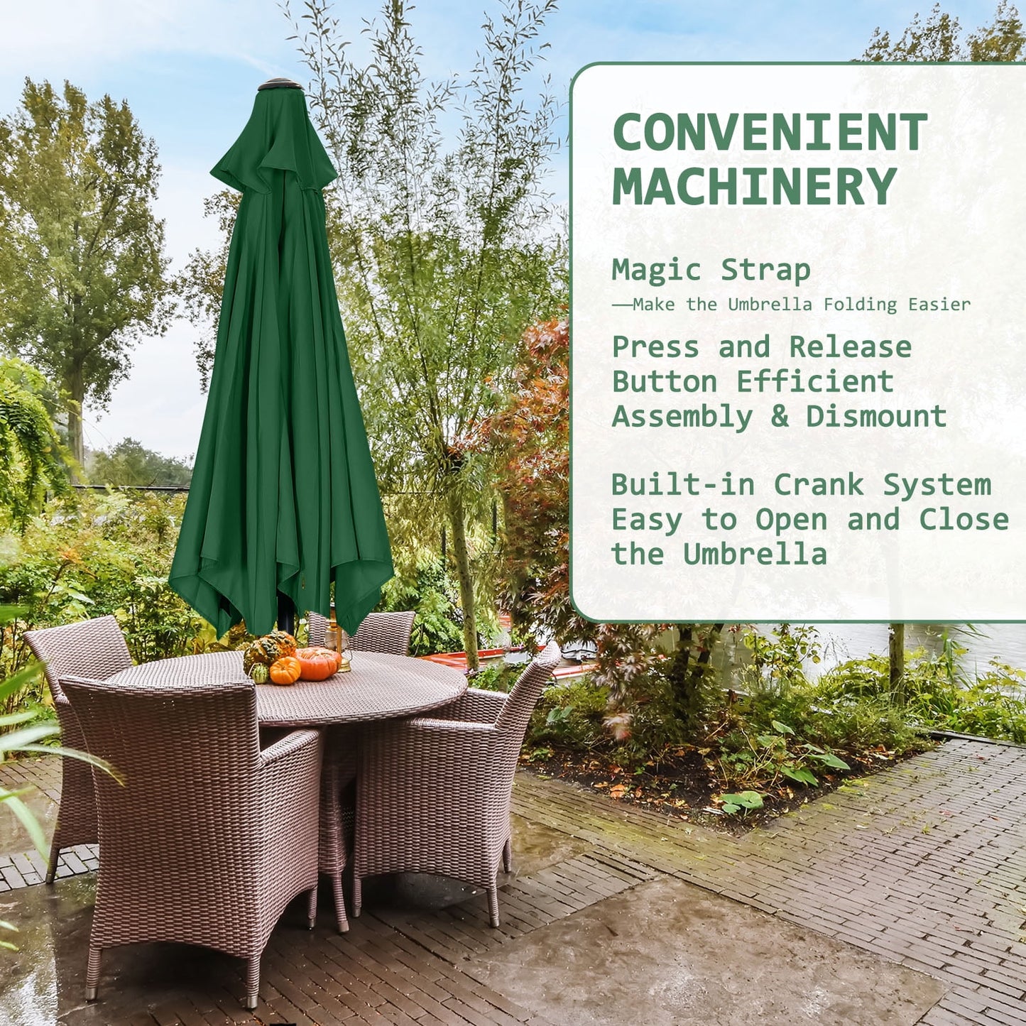 Autlaycil 7.5 ft Green Patio Umbrella and Decorated Base, with Push Button Tilt and Crank for Beach, Pool, Outdoor