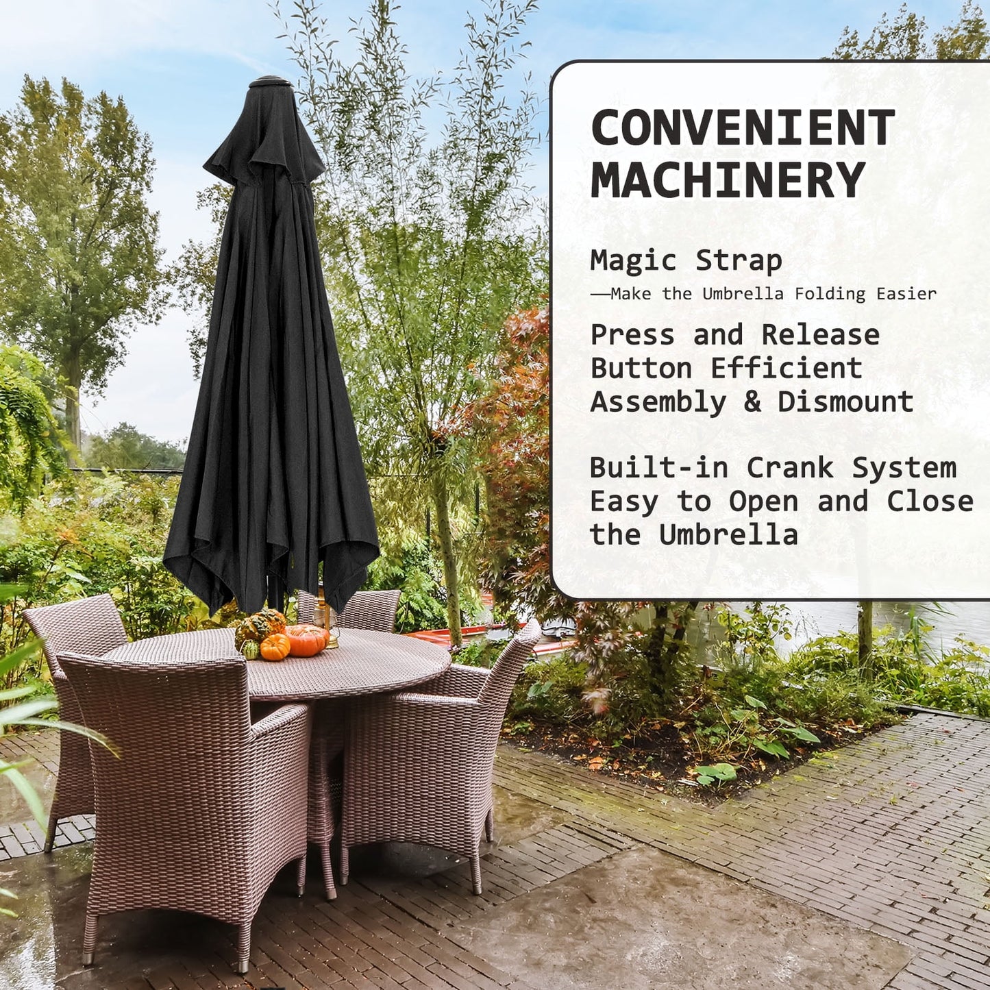 Autlaycil 7.5 ft Black Patio Umbrella and Decorated Base, with Push Button Tilt and Crank for Beach, Pool, Outdoor